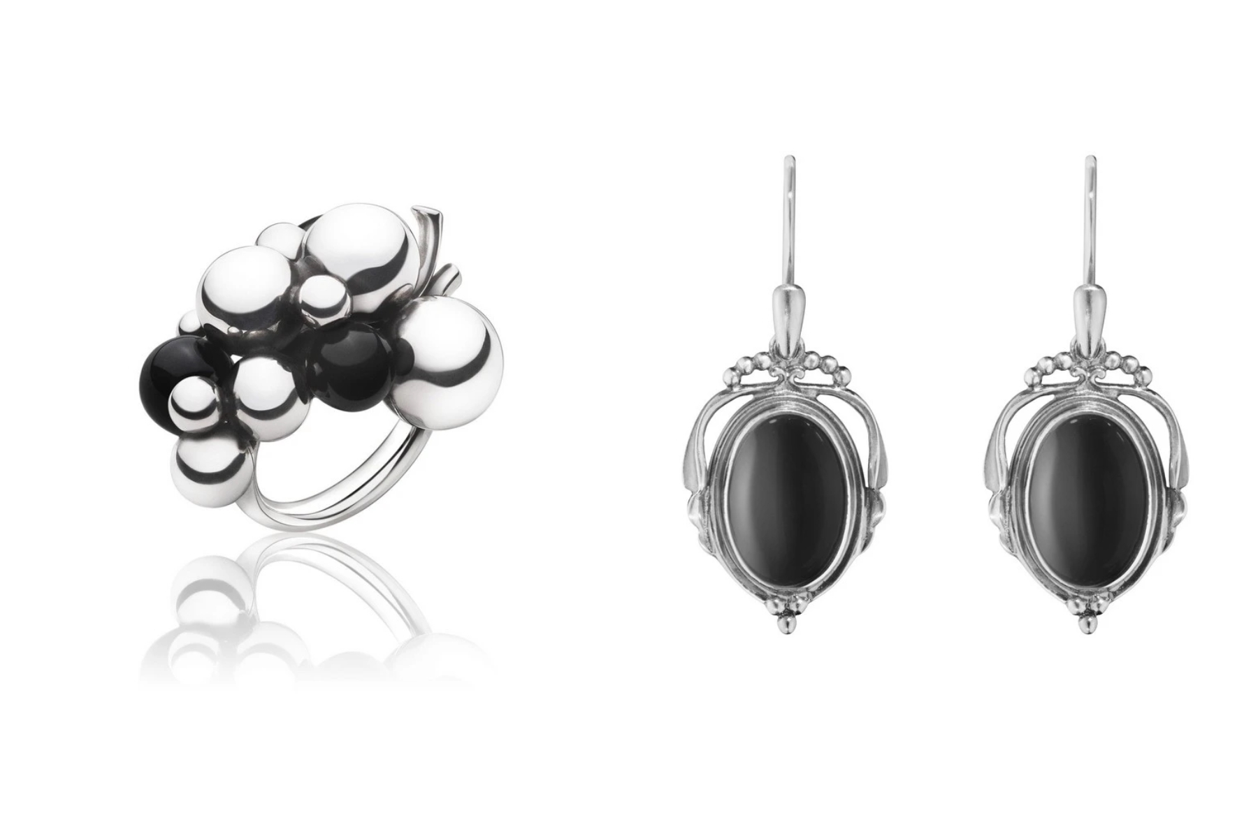 （左）喬治傑生Moonlight Grapes戒指，1931年設計，當代設計師將幾顆葡萄球換以黑瑪瑙，價格店洽。（右）喬治傑生2017 Heritage耳環，氧化純銀鑲黑瑪瑙，價格店洽。