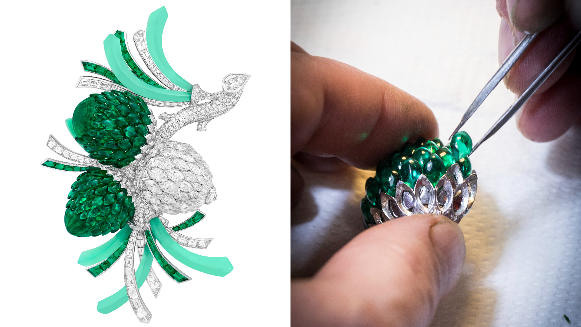 Van Cleef & Arpels Pomme de pin胸針，Navette Mystery Set™隱密式鑲嵌拱面祖母綠，Navette Mystery Set™隱密式鑲嵌鑽石、祖母綠、綠玉髓及鑽石，價格店洽。