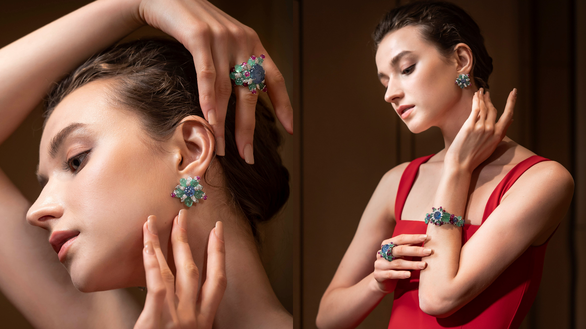 Cartier Tutti Frutti系列Narbada手環、戒指與耳環，選用透光度高的祖母綠、藍寶石、紅寶石等。各為NT26,700,000、NT12,500,000、NT10,000,000。