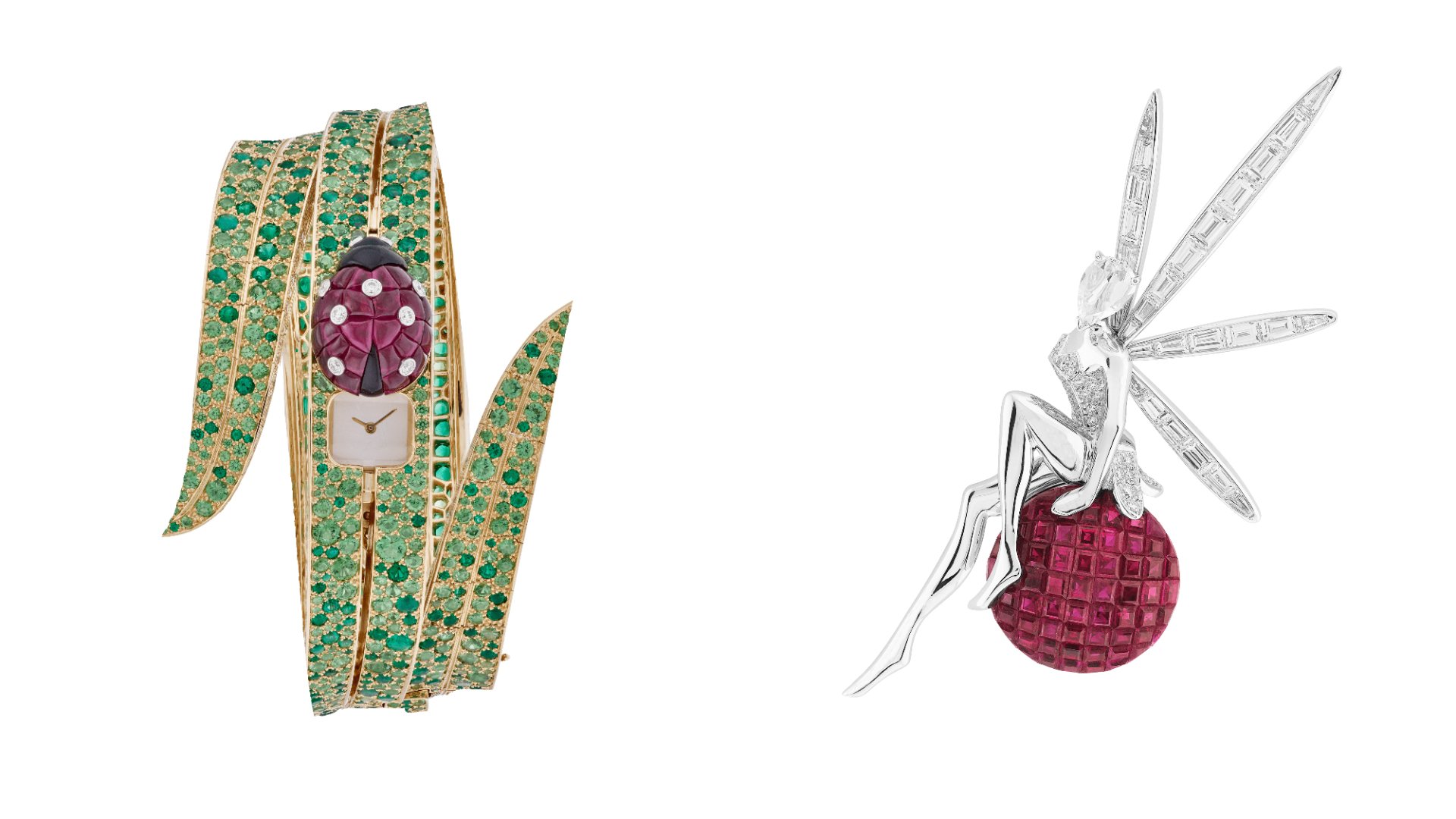 （左）Van Cleef & Arpels Secret de Coccinelle腕錶，手上鏈機芯，錶盤9x20mm，白K金、黃K金、玫瑰金鑲紅寶石、祖母綠、沙弗萊石等，紅寶石瓢蟲採用傳統隱密式鑲嵌工藝。（右）Van Cleef & Arpels Caresse d'Éole Fairy胸針，白K金、玫瑰金，傳統隱密式鑲嵌紅寶石與鑽石，NT9,900,000。