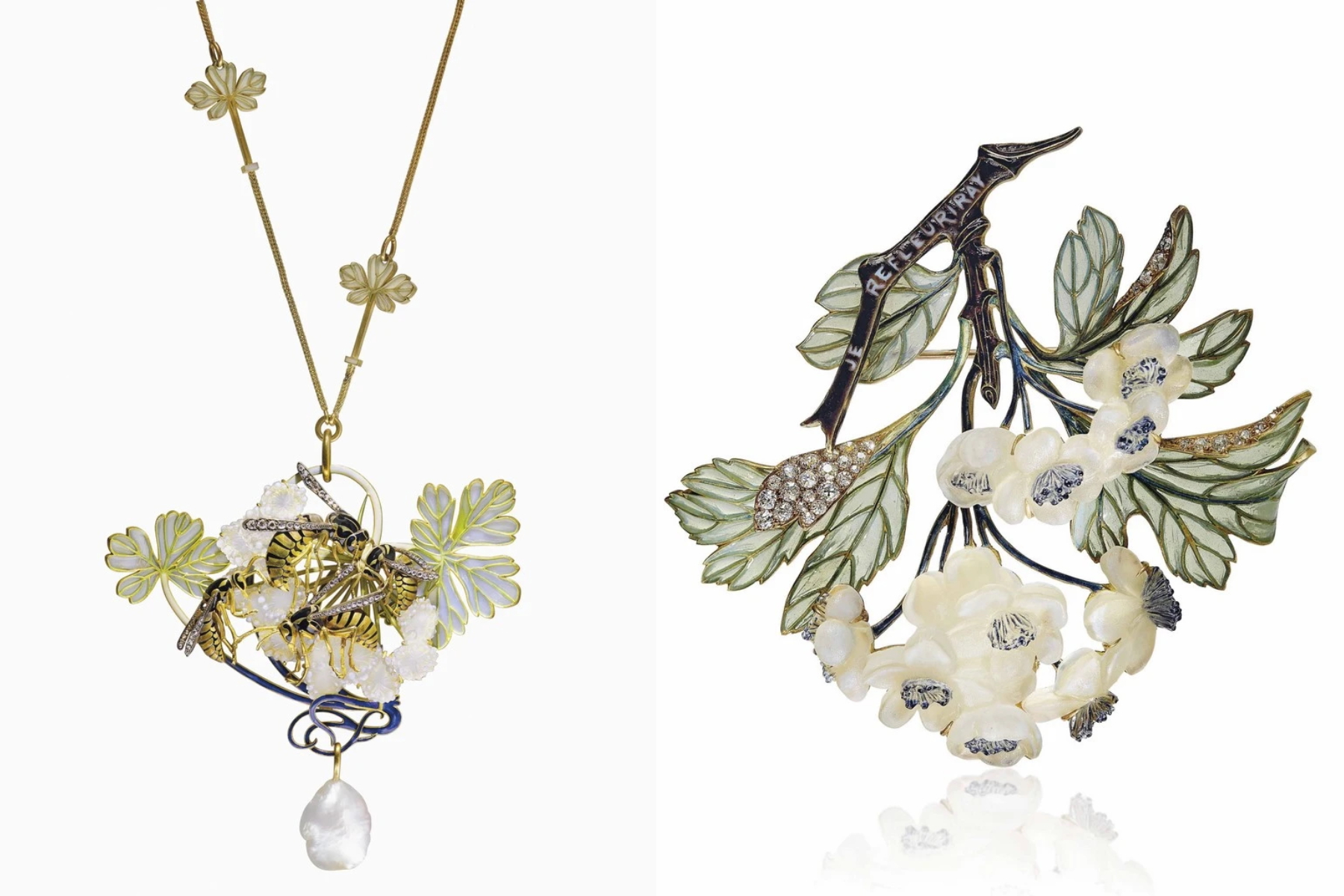 （左）2017佳士得《超越界限：歐洲前衛大師鉅作珍藏》拍品，René Lalique新藝術風格琺瑯、鑽石與巴洛克珍珠吊墜項鍊，1899-1901年製作，運用黑色琺瑯塗繪黃蜂身體。（右）同場拍賣拍品Lot 23，René Lalique所製之山楂樹胸針，空窗琺瑯，1899年，上有鐫刻je refleuriray字樣。